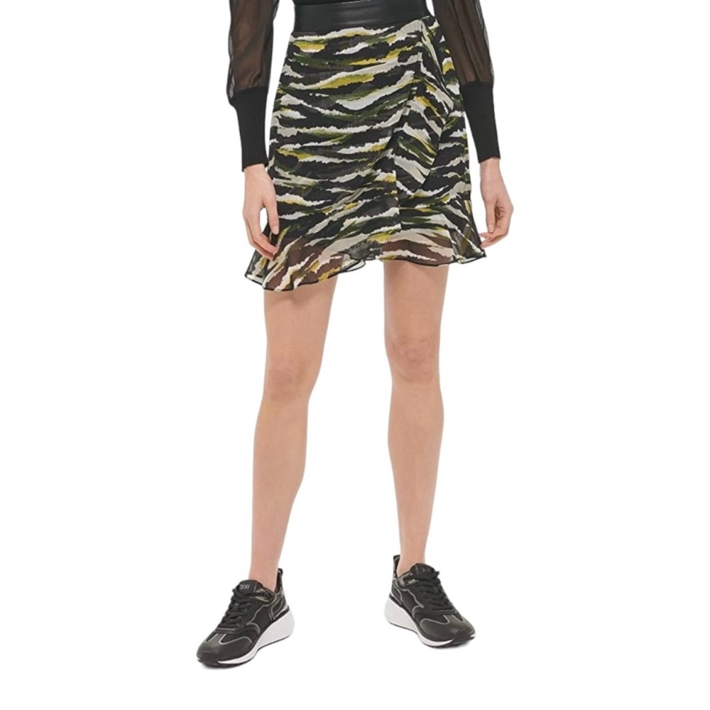 DKNY Women’s Wrap Raffle Chiffon Skirt Black Cadet Green Size‎ 6